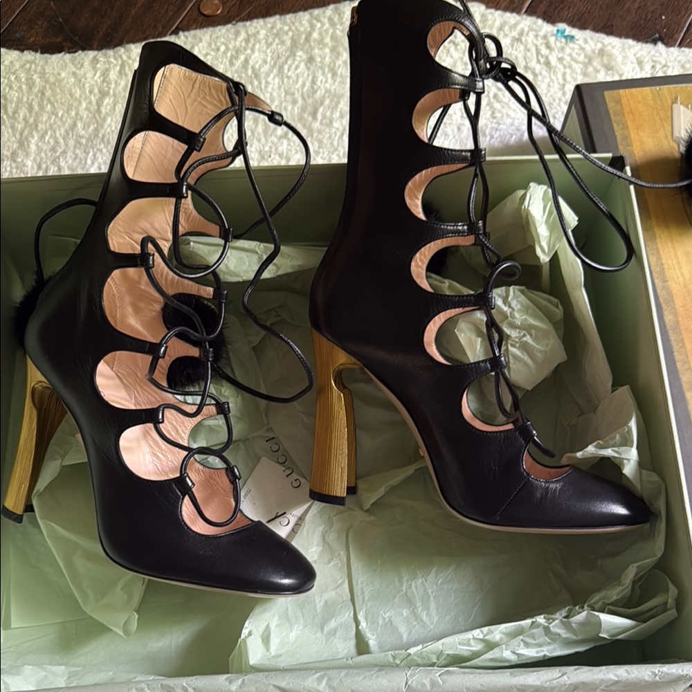 Gucci Black Lace-Up Heels with Cutout Design